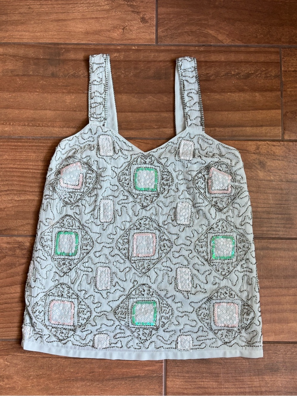 English Rose Beaded Sequin Embellished Tank Top Y2K Pastel Blue Size S